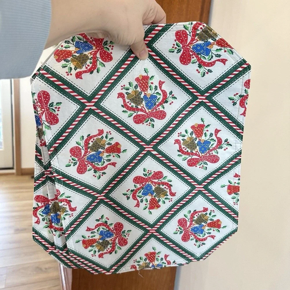 VTG Christmas Holiday Plastic Placemats Set 4 Dining Bow‎ Bells Red White Granny